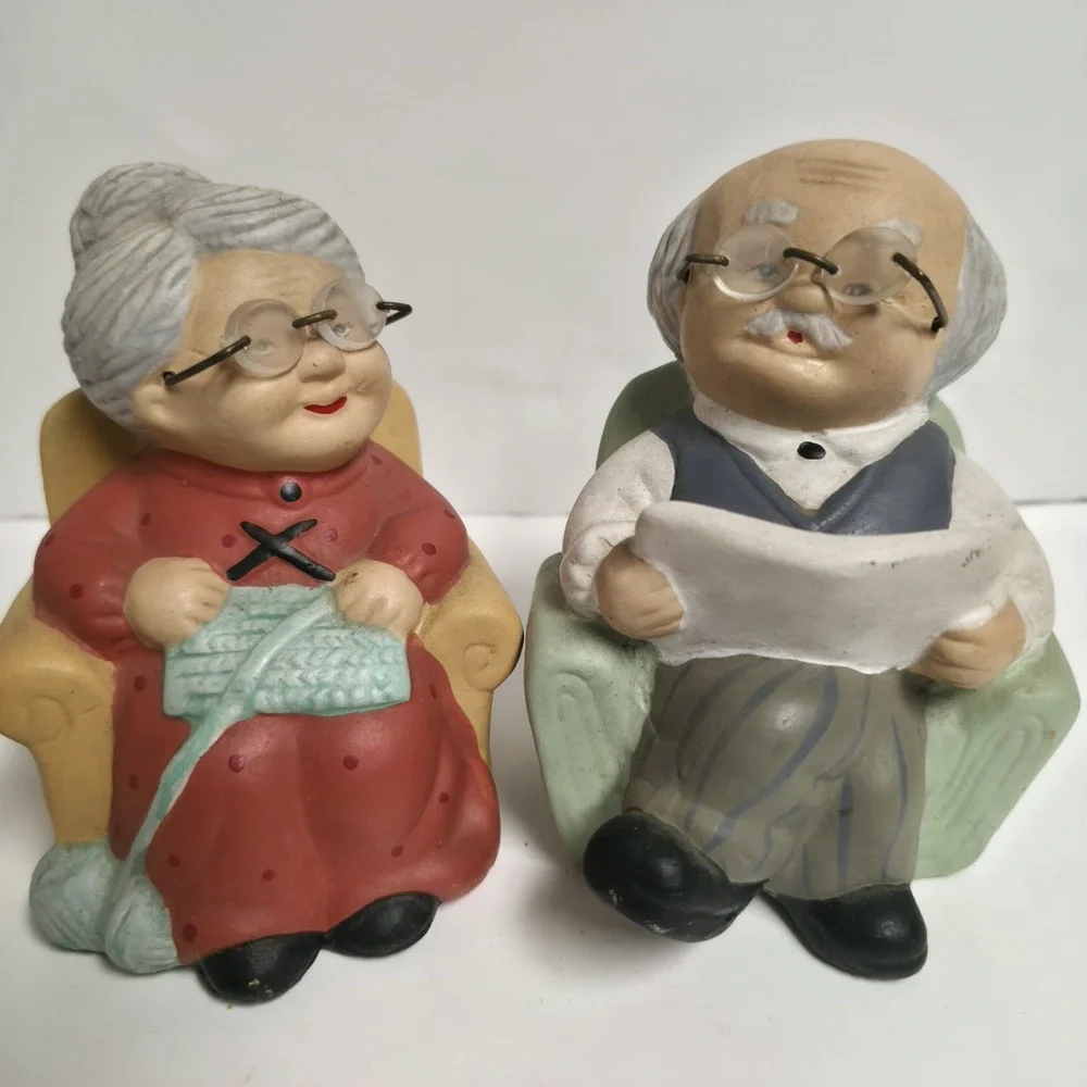 Vintage Ceramic Grandma & Grandpa Figurines Set - Retirement Couple Relaxing